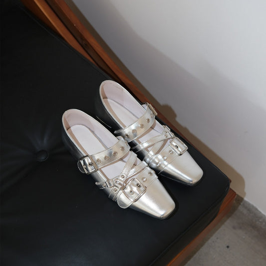 Spring Sier Single-layer Female Retro Square Toe Rivet Ballerina Women's Fashion Shoes
