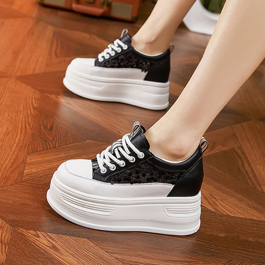 Women's Surface Hollowed White Breathable Platform Height Sneakers