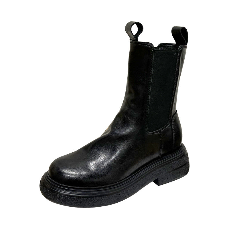 Women's Genuine Elevator Thick-soled British Style Chelsea Pleated Boots