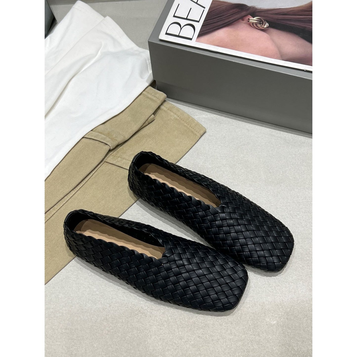 Women's Spring Woven French Retro Outer Wear Square Toe Korean Style Women's Casual Shoes