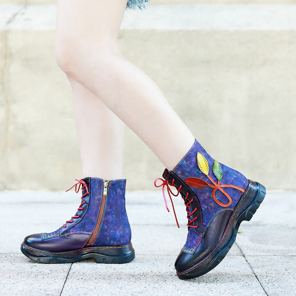 Handmade Genuine Brushed Stitching Vintage Flower Boots