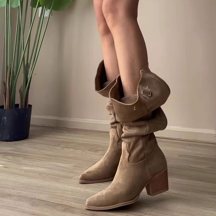 Women's Hot Big Tube Circumference Pleated Pile Style Autumn Back Boots