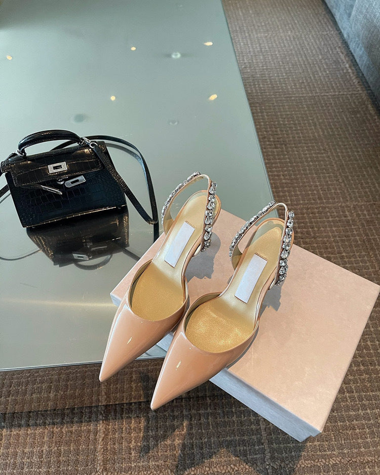 Women's Toe Slingback Rhinestone Closed French Stiletto Heels