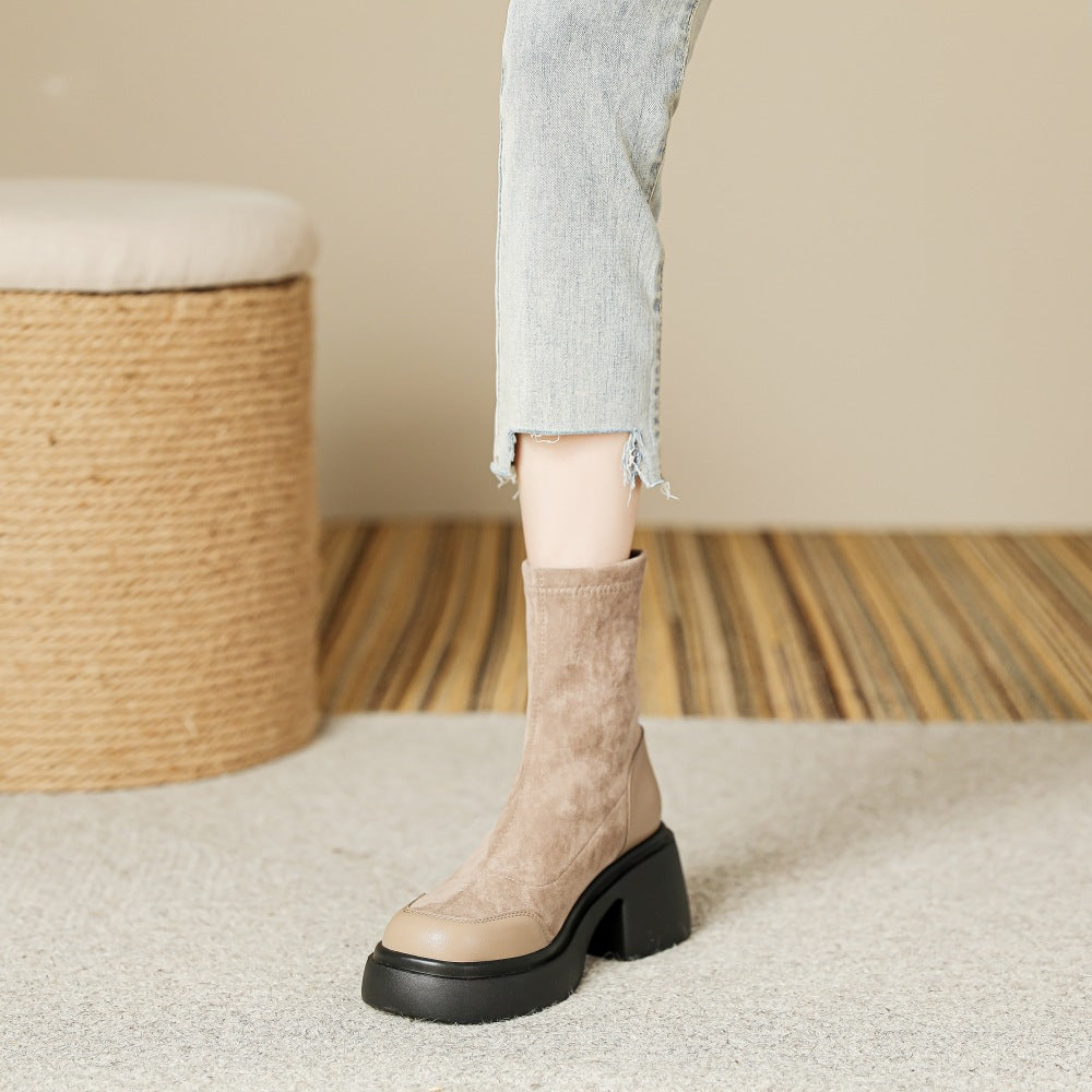 Women's Suede Short High Platform Skinny Booties Boots