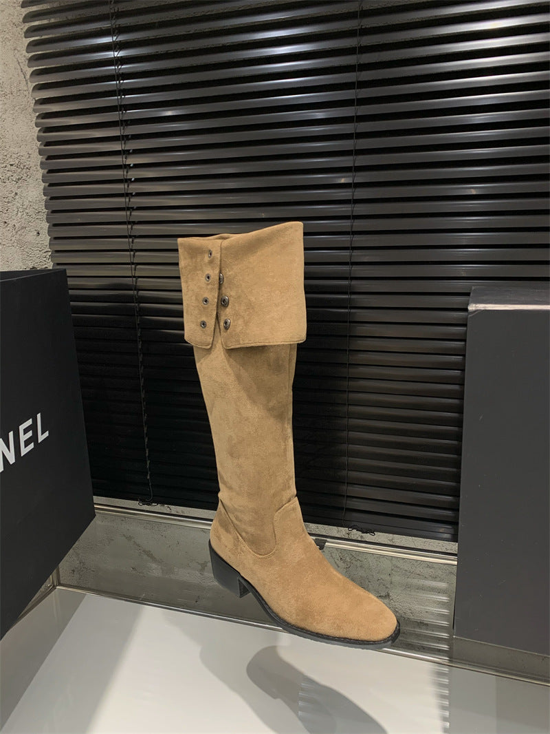 Style Large Tube Circumference Thick Below The Knee Rivet Soft Women's Leather Boots