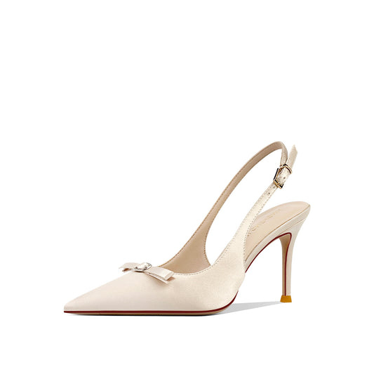 Women's Champagne Stiletto Bowknot French Style Temperament Satin High Heeled Sandals
