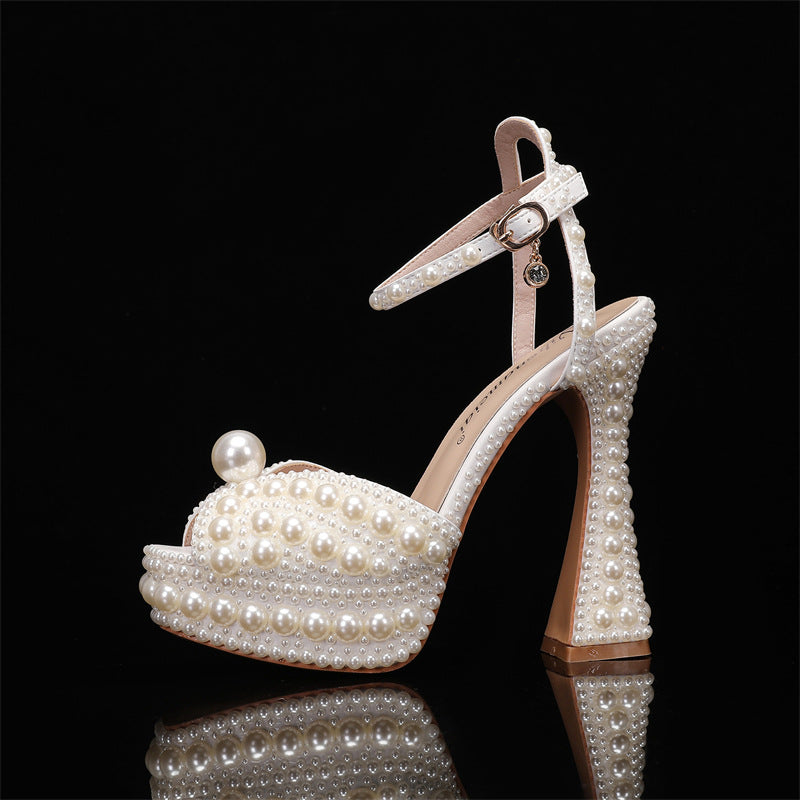 Women's Toe High Thick Cm Rhinestone Pearl Thin Women's Fashion Shoes