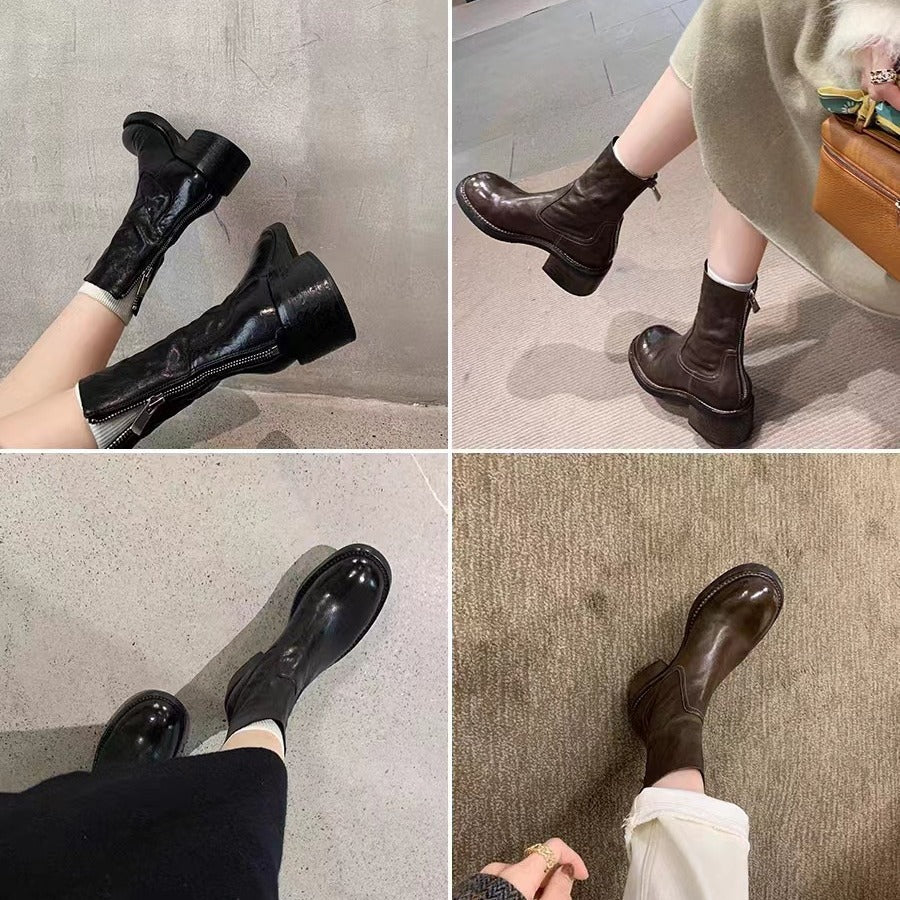 Women's Version Western Style Martin Retro Chunky Back Zipper Horse Short Women's Leather Boots