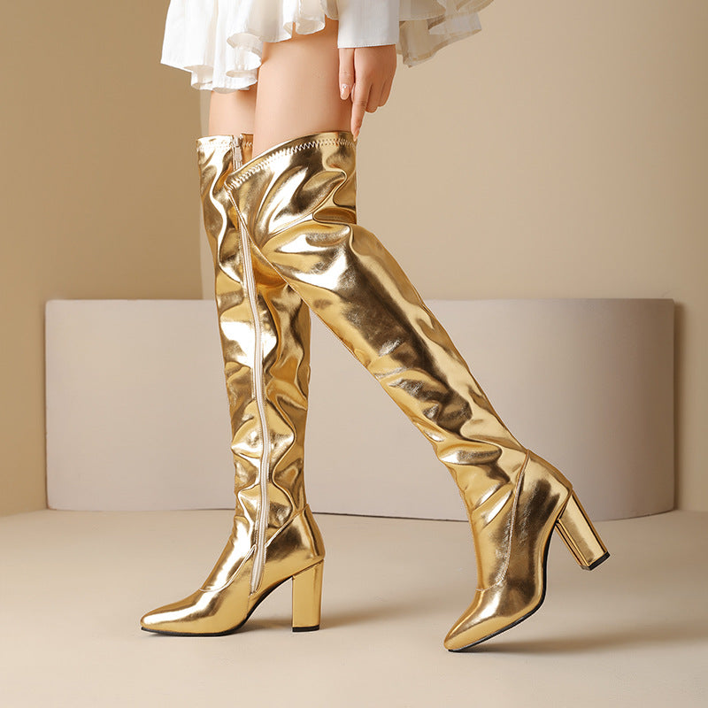 Women's Large Size Pointed Toe Chunky High Women's Leather Boots