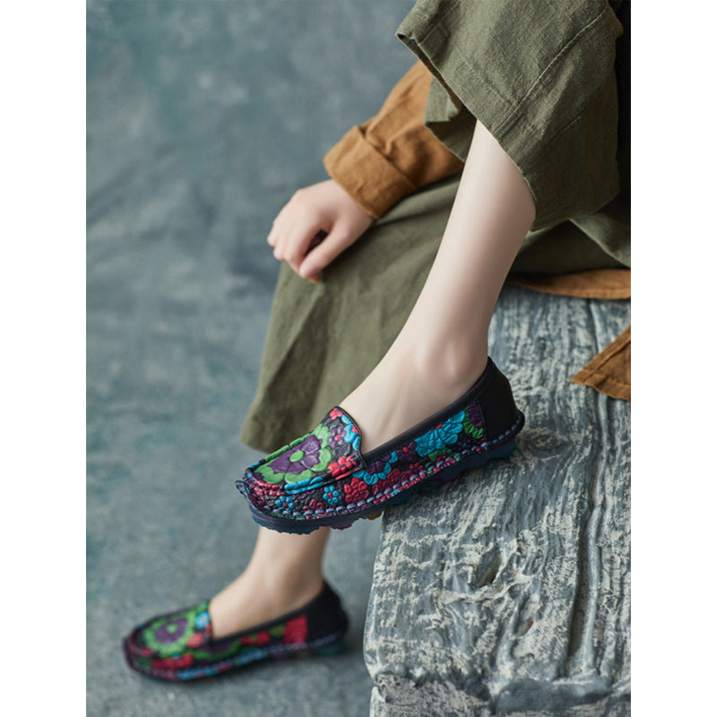 Women's Ethnic Style Retro Handmade Cowhide Sunflower Soft Bottom Slip On Women's Casual Shoes