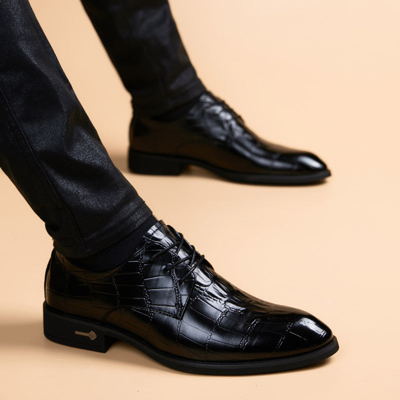 Men's Pointed Crocodile Pattern Height Increasing Insole Wedding Men's Business Leather Shoes