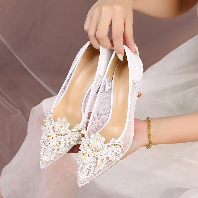 Women's High Hollowed Pumps Mesh Pearl Stiletto Heels