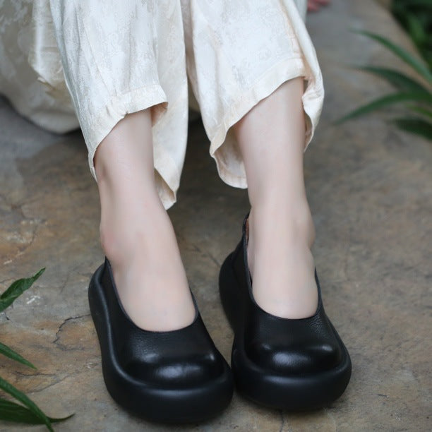 Women's Layer Cowhide Round Mouth Pumps Soft Back Thick Feet Platform Sandals