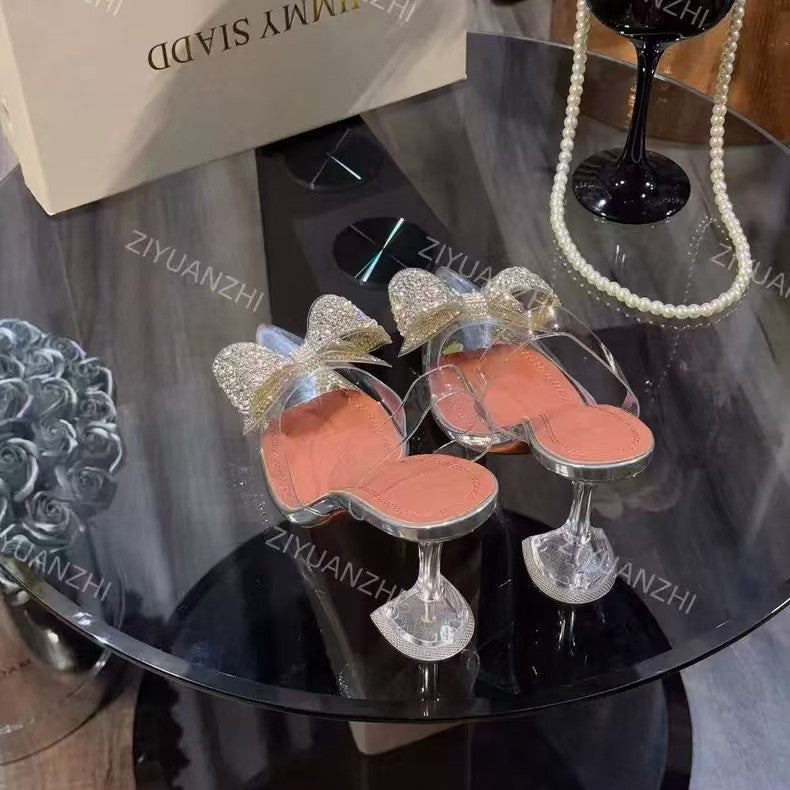 Glass Crystal Bow Elegant Bridesmaid Wedding Sandals