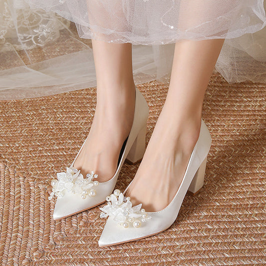 Women's Pearl Decorative Button High Wedding Bride Heels
