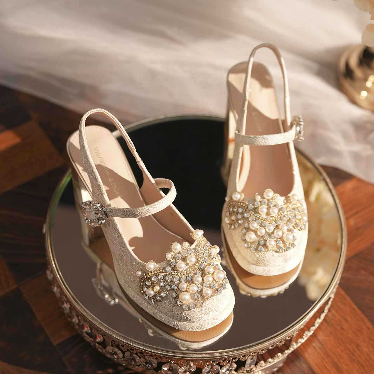 Wedding Pearl Rhinestone Chunky Square Toe Back Empty Light Luxury Heels
