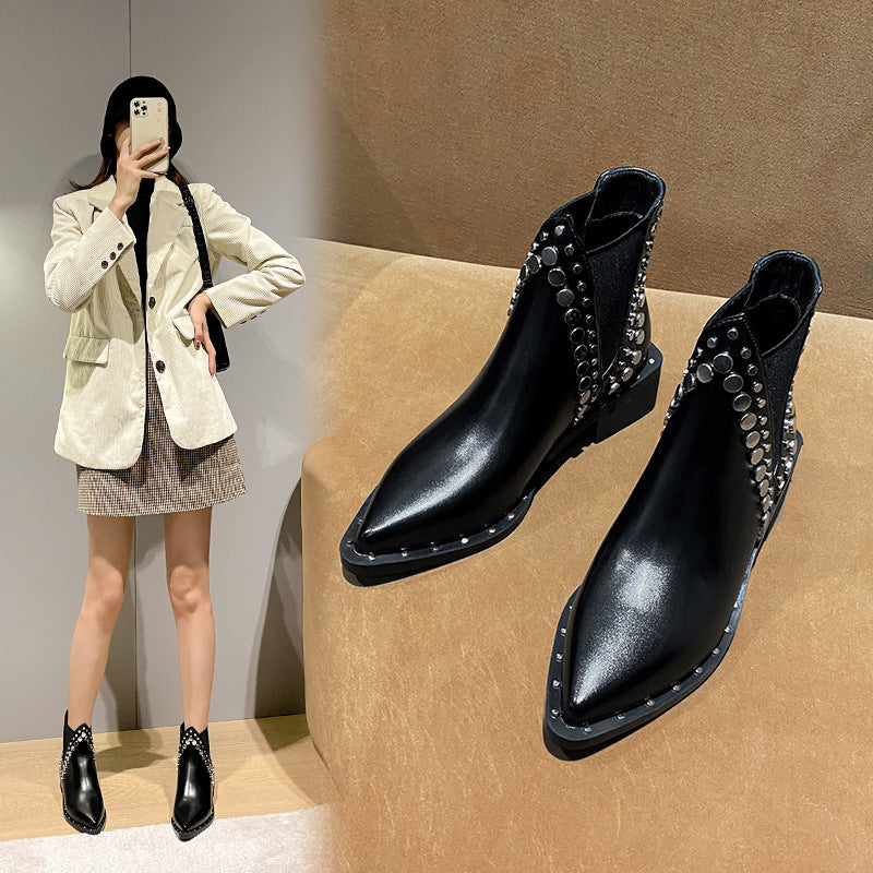 Women's Cowhide Autumn High British Style Martin Black Heels