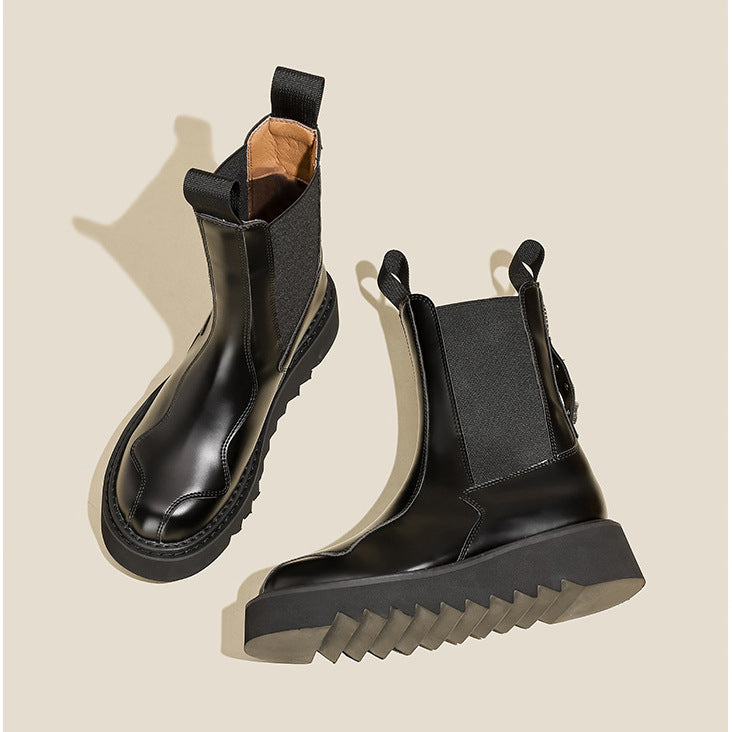 Women's Badge Buckle Height Increasing Chelsea Thick Bottom Short Martin Women's Leather Boots