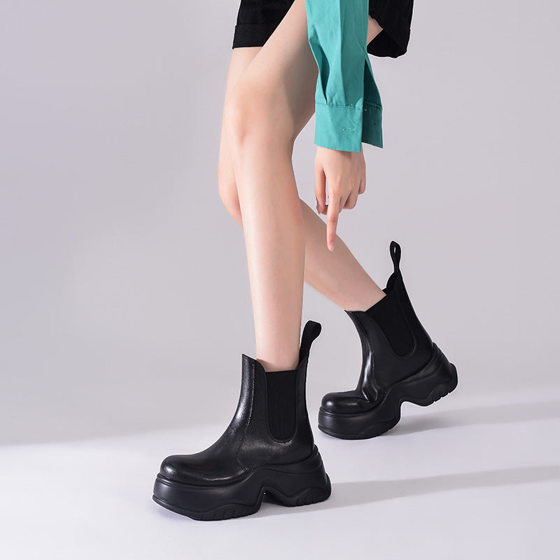 Women's To Wear Thick Bottom Chunky Smoke Pipe Short Women's Leather Boots