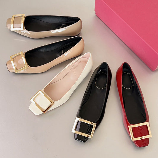 Women's Classic Square Buckle Chunky Pumps Patent Toe Low-cut Mid High Women's Fashion Shoes