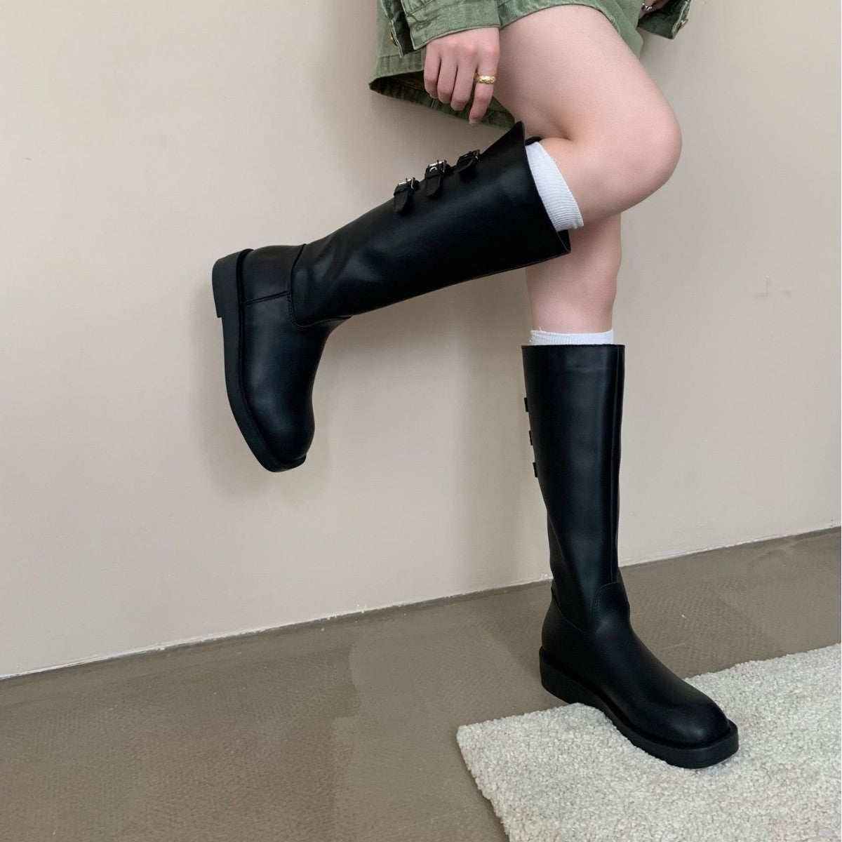 Women's Flat Bottom Small Chunky Tall Knight Women's Leather Boots