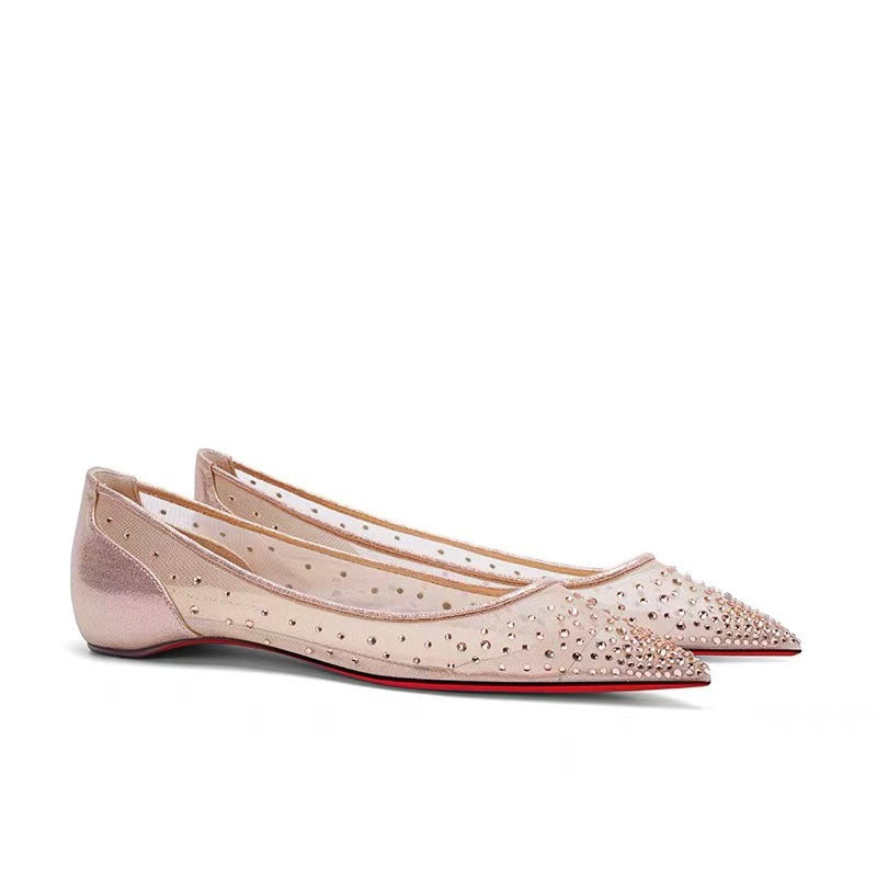 Women's Pointed Toe Low-cut Rhinestone Mesh Flat Large Women's Casual Shoes