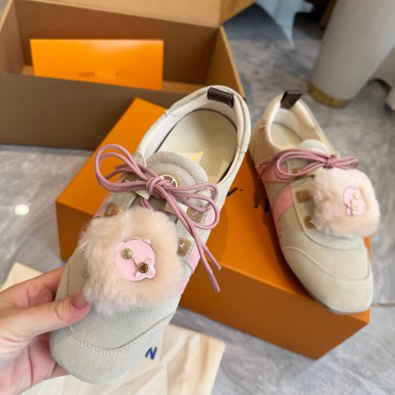 Women's High Version Heart Ballet Training Color Matching Plush Women's Casual Shoes