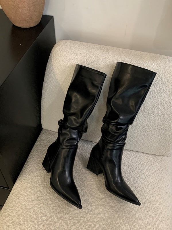 Long Female Tube Tail Thick-soled British Style Soft Pointed Women's Leather Boots