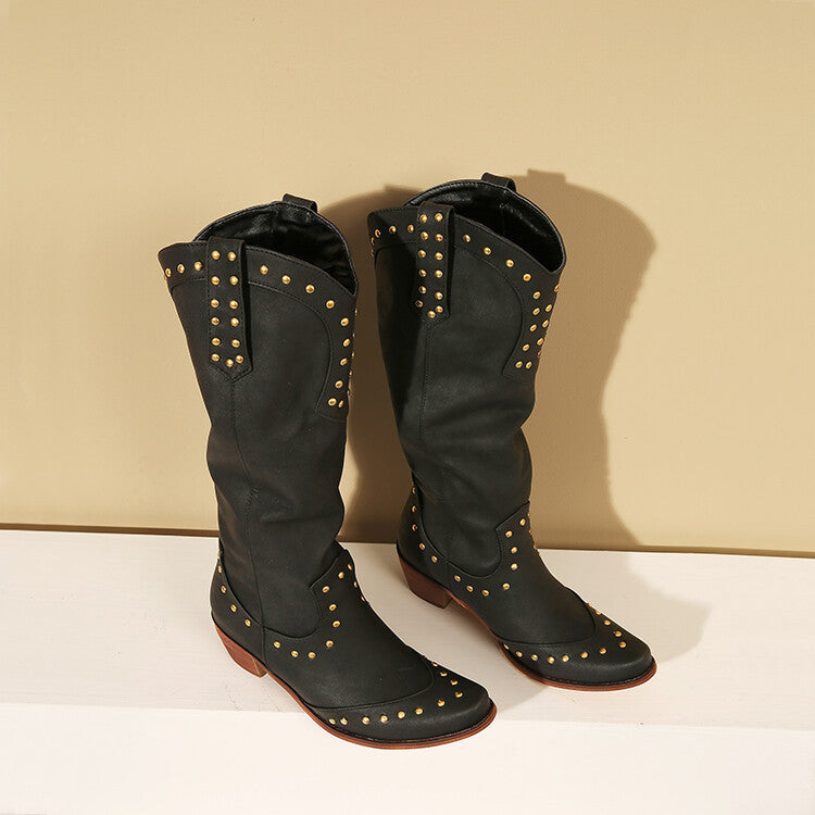 Women's Metal Rivet Square Toe High Western Women's Leather Boots