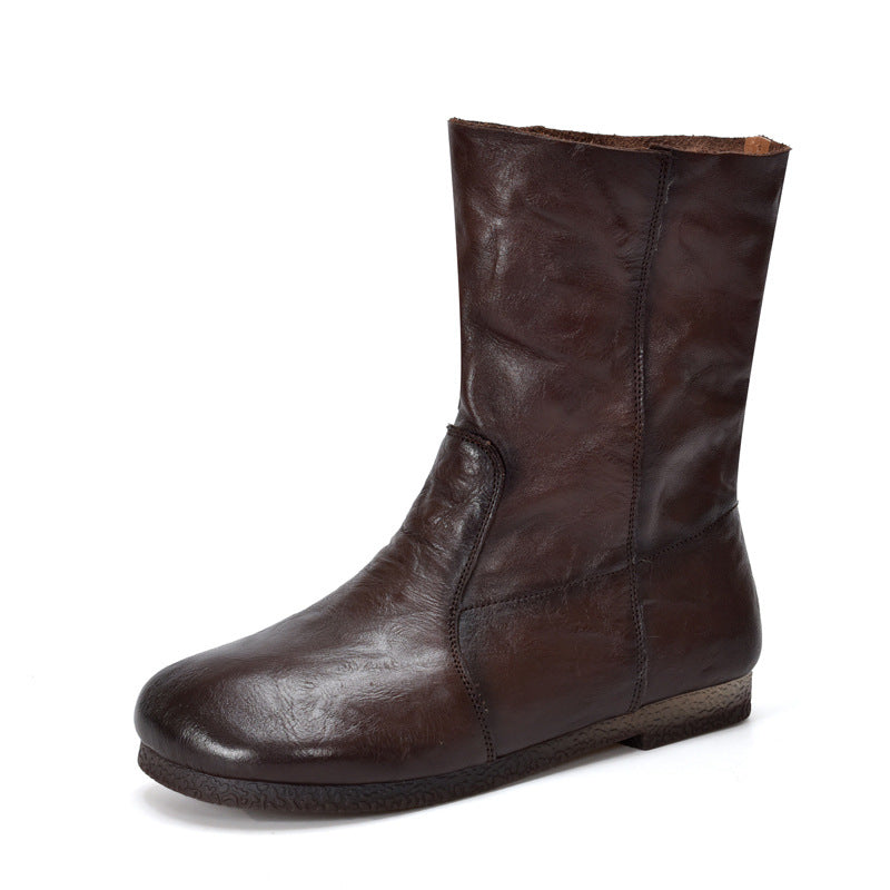Women's Layer Cowhide Sleeve Middle Round Head Genuine Female Flat Boots