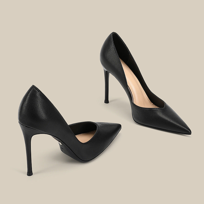 Women's Toe Stiletto Sexy French Style Comfortable High V Cut Black Women's Fashion Shoes