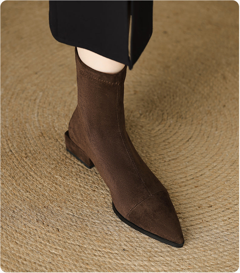 Women's Pointed Toe Stretch Thin Low Suede Chunky Back Women's Leather Boots