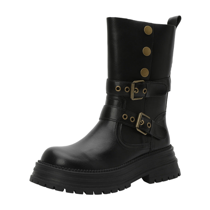 Women's Thick-soled Mid Short British Style Retro Brown Martin Women's Leather Boots