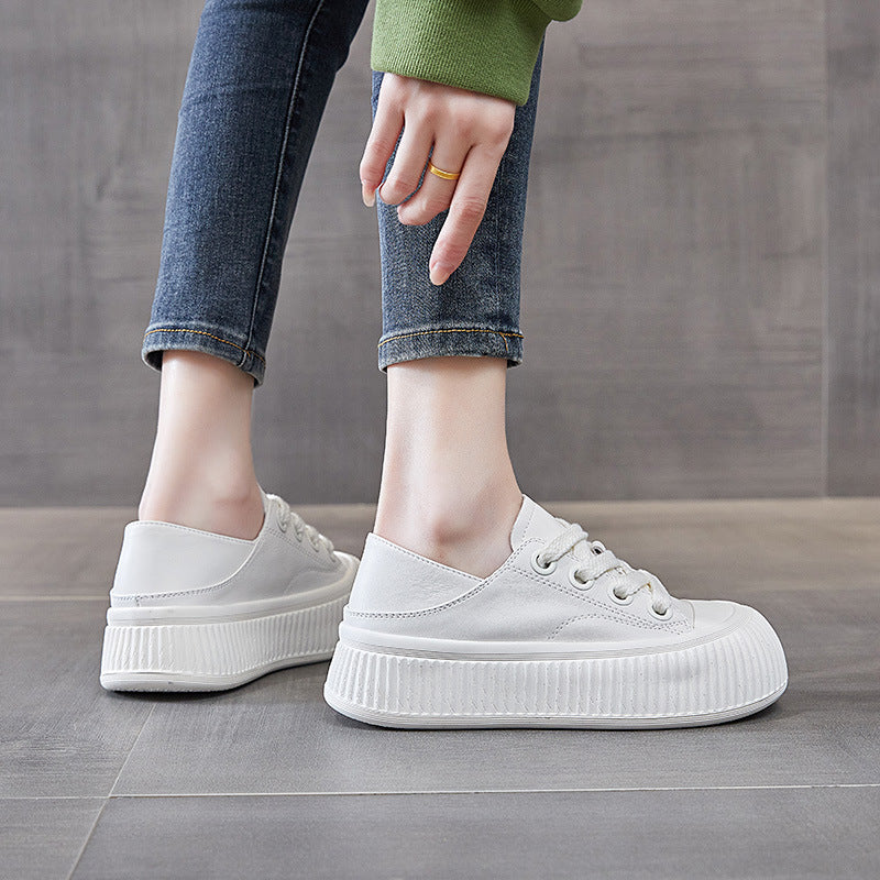 Women's White Trendy Lace Up Cowhide Platform Sneakers