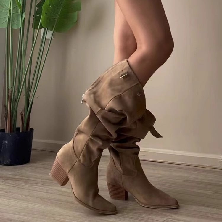 Women's Hot Big Tube Circumference Pleated Pile Style Autumn Back Boots