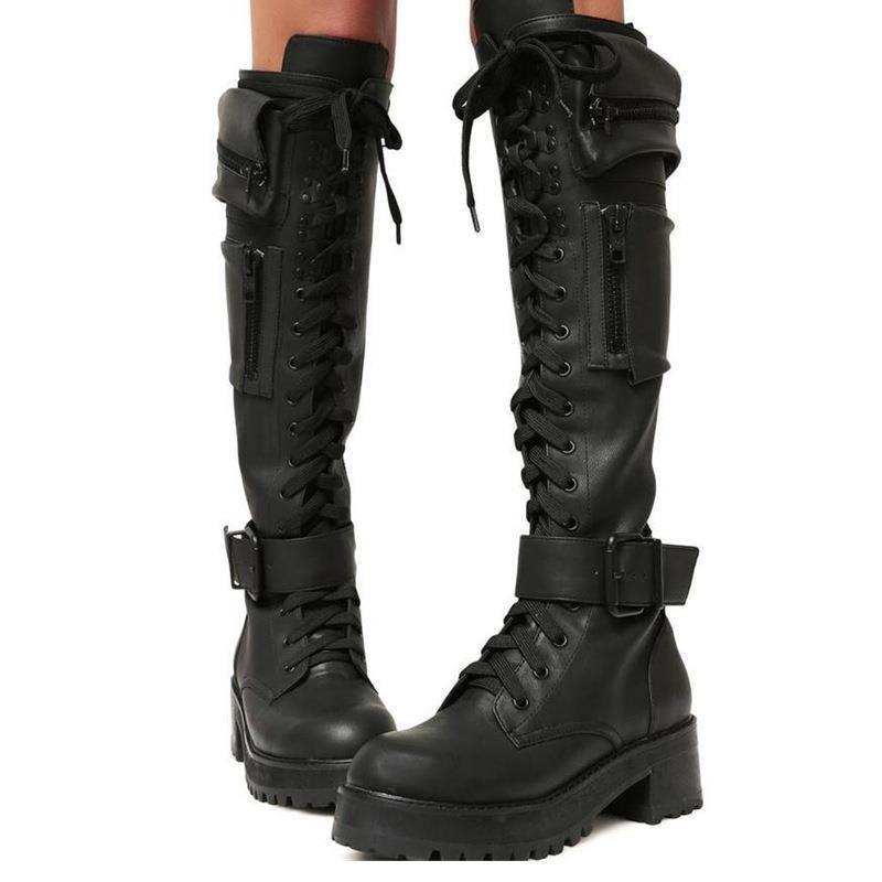 Low Platform Long Bag Buckle Knight Plus Women's Leather Boots