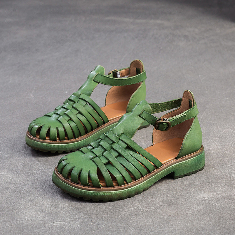 Toe Pitcher Plant Hollow Breathable Woven Retro Roman Style Top Flat Sandals