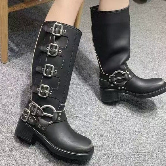 Belt Buckle Chunky Long Female Square Toe Sleeve Women's Leather Boots