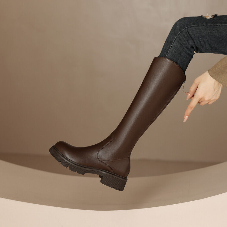 Women's Plus Size Korean Knight Round Head Chunky Below The Knee Women's Leather Boots
