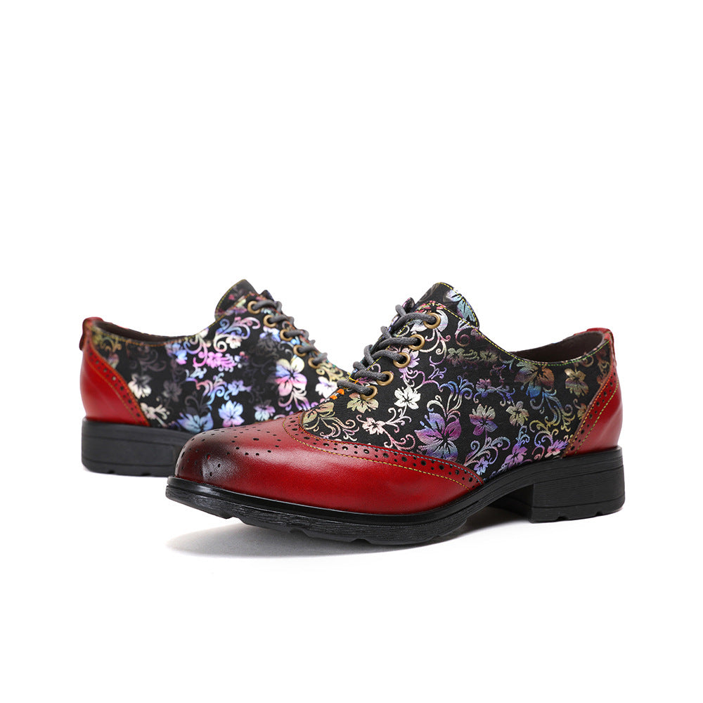 Women's Style Vintage Flower First Layer Cowhide Casual Shoes