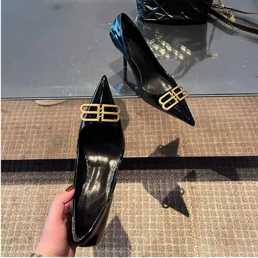 Paris High Black Patent Pointed Temperament Sexy Metal Stiletto Women's Fashion Shoes