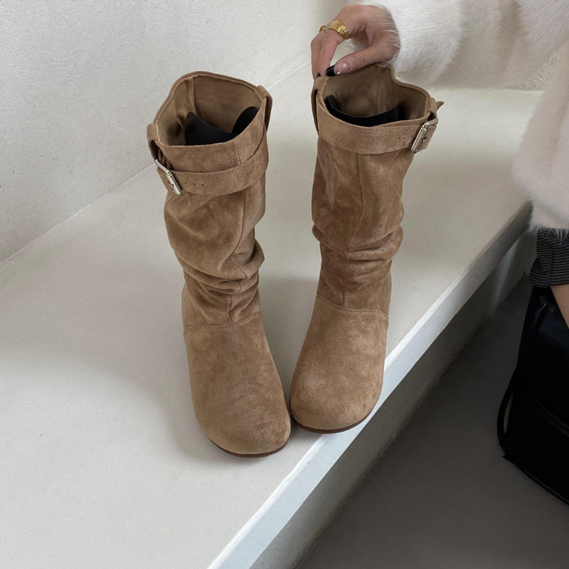 Women's Height Increasing Insole Small Suede Pile Style Riding Women's Leather Boots