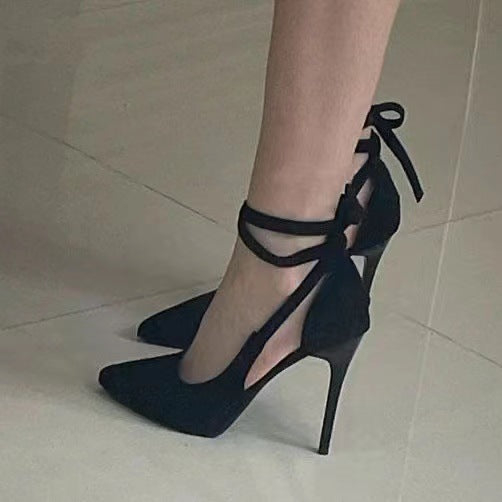 Black Plus Size High Niche Design Sexy Crossover Lace Heels