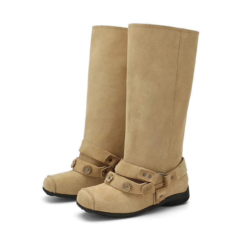 Women's Minority Square Toe Belt Rivet Button Women's Leather Boots