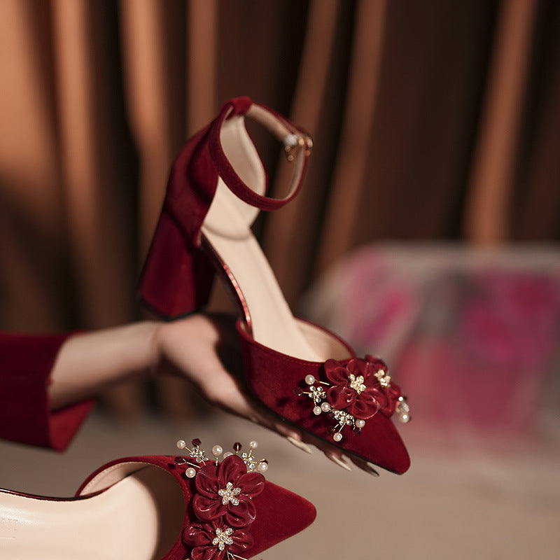 Women's Red Wedding Bridal Small Size Chunky Widened Fattened Heels