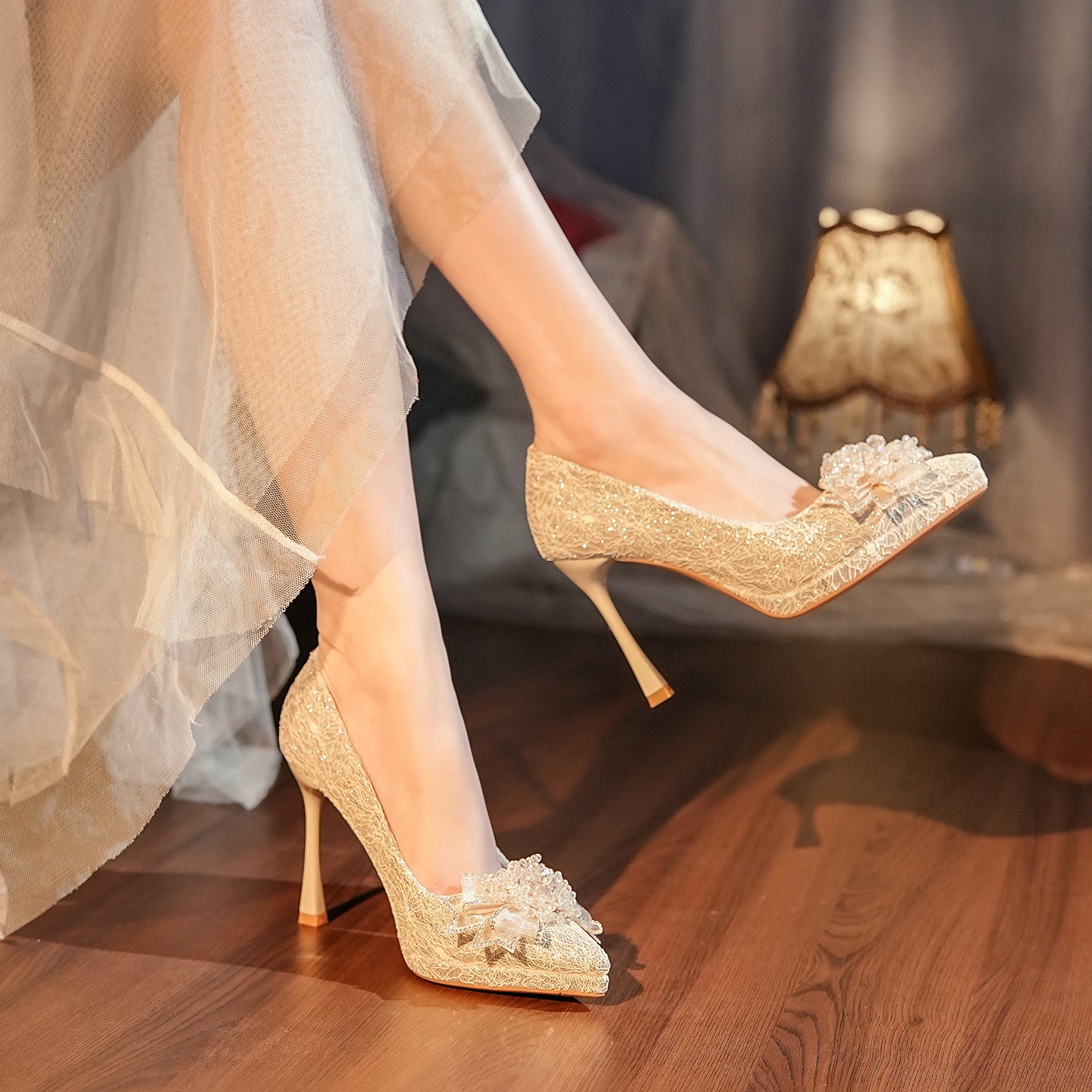 Women's French Champagne Crystal Flowers Niche Banquet Luxury Women's Fashion Shoes