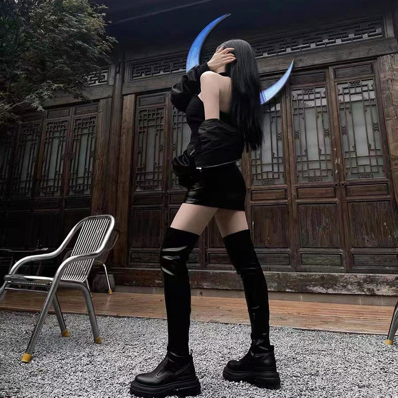 Sugar Series Thick Bottom Long Female Slimming Biker Side Women's Leather Boots