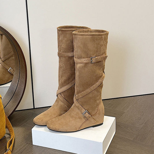 Increasing Korean Round Head Buckle Soft Pleated High Female Women's Leather Boots