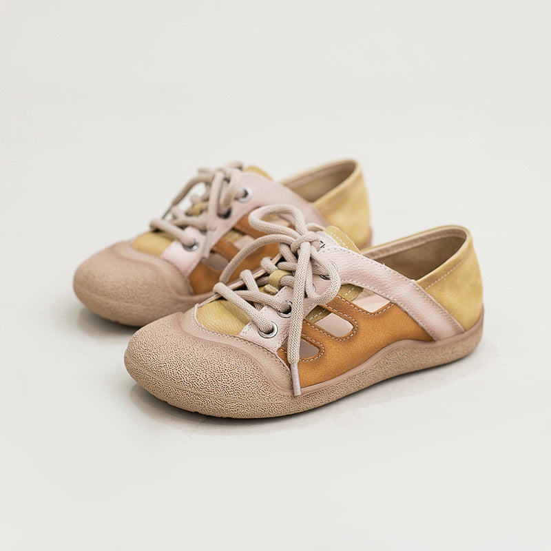 Women's Artistic Retro First Layer Cowhide Hollow Front Commuter Color Matching Women's Casual Shoes