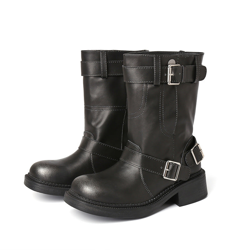 Women's Niche Retro Round Head Chunky For Buckle Heels